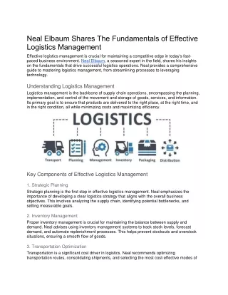 Neal Elbaum Shares The Fundamentals of Effective Logistics Management