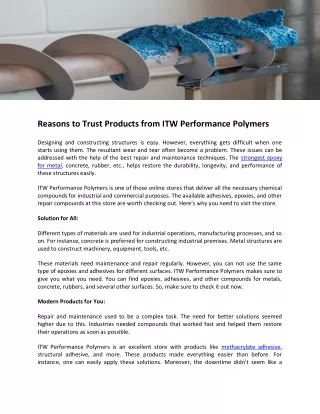 Reasons to Trust Products from ITW Performance Polymers