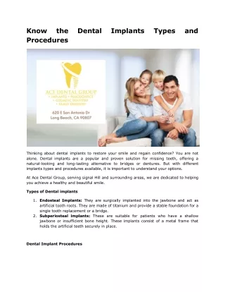 Know the Dental Implants Types and Procedures