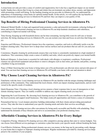 The Impact of a Clean Home on Mental Health: Insights from Allentown PA Cleaning