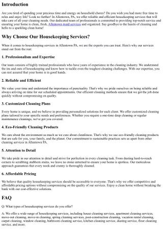 Reliable and Efficient Housekeeping Services in Allentown PA
