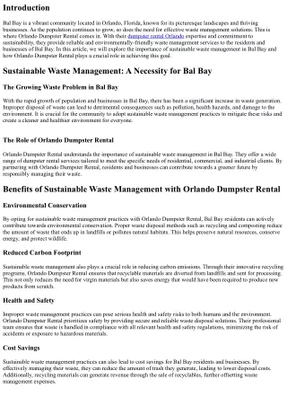 Sustainable Squander Administration in Bal Bay with Orlando Dumpster Rental