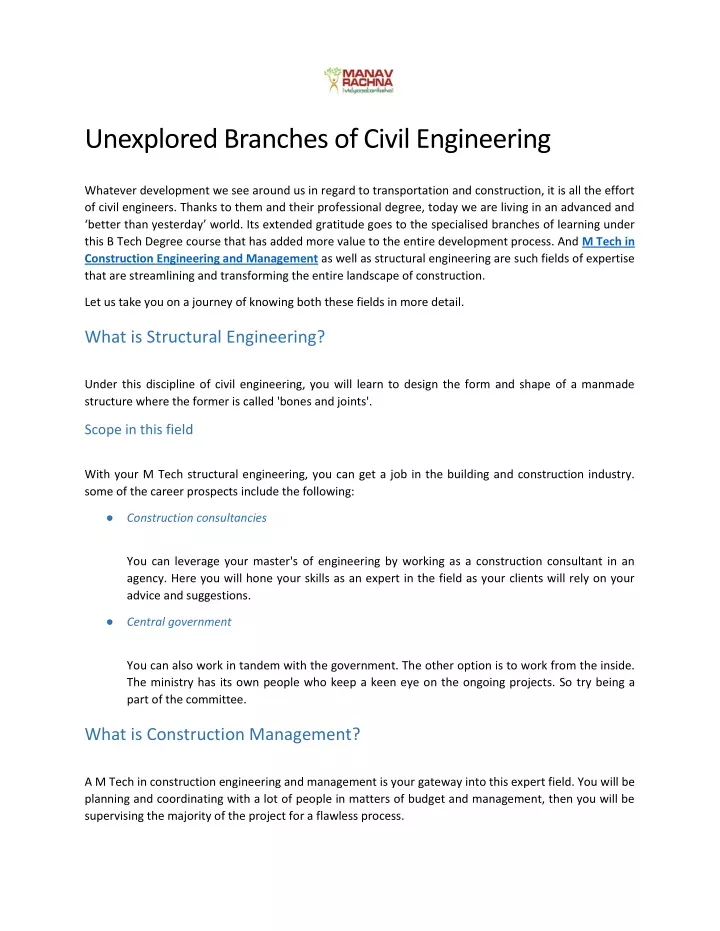 unexplored branches of civil engineering