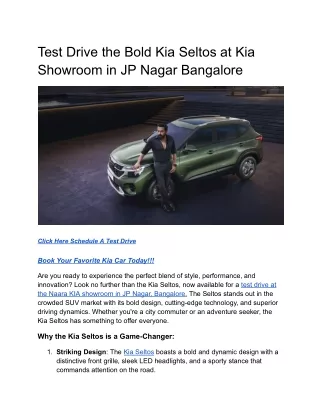 Test Drive the Bold Kia Seltos at Kia Showroom in JP Nagar Bangalore