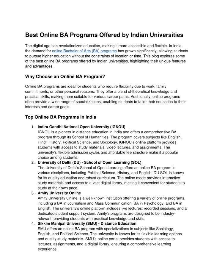 best online ba programs offered by indian