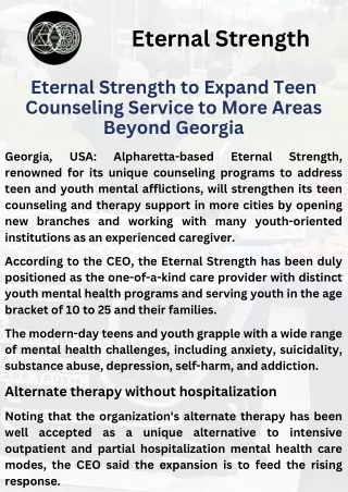 Eternal Strength to Expand Teen Counseling Service to More Areas Beyond Georgia