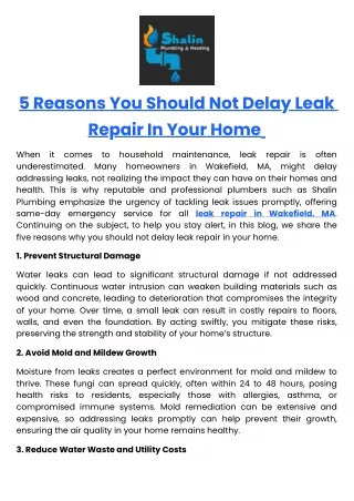 5 Reasons You Should Not Delay Leak Repair In Your Home