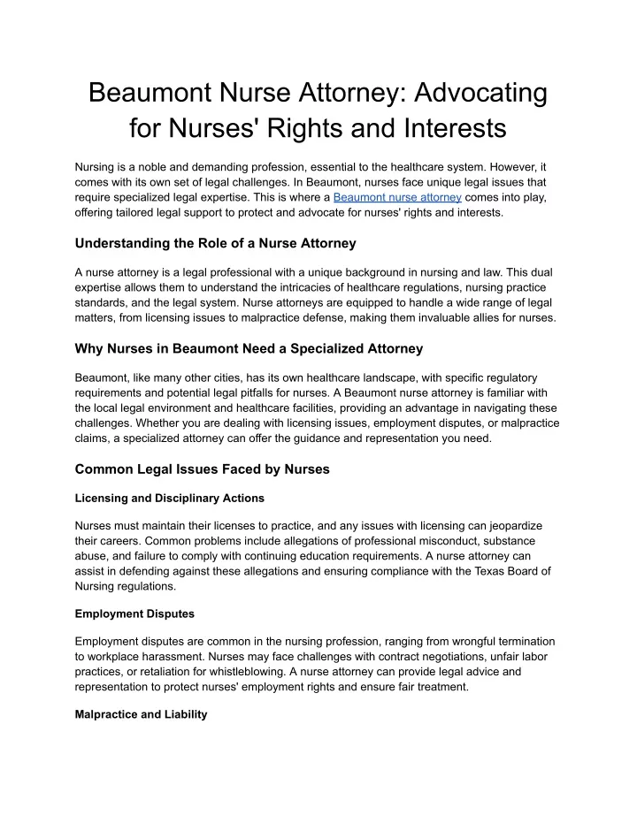 beaumont nurse attorney advocating for nurses