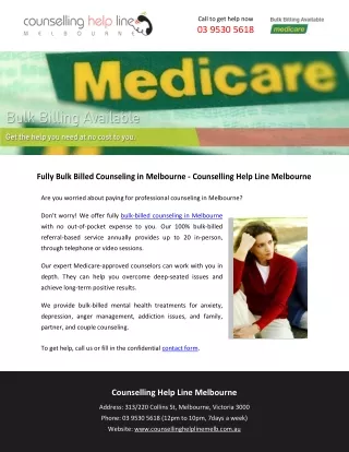 Fully Bulk Billed Counseling in Melbourne - Counselling Help Line Melbourne