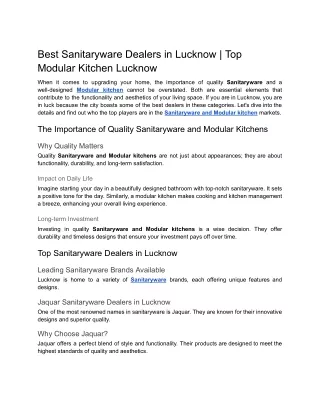 Best Sanitaryware Dealers in Lucknow _ Top Modular Kitchen Lucknow