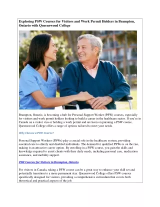 PSW course for visitors in Brampton, ontario