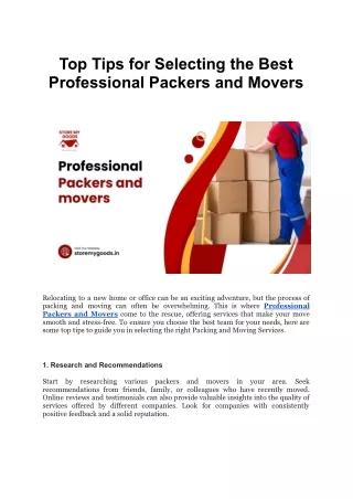 Top Tips for Selecting the Best Professional Packers and Movers