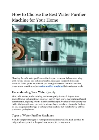 How to Choose the Best Water Purifier Machine for Your Home