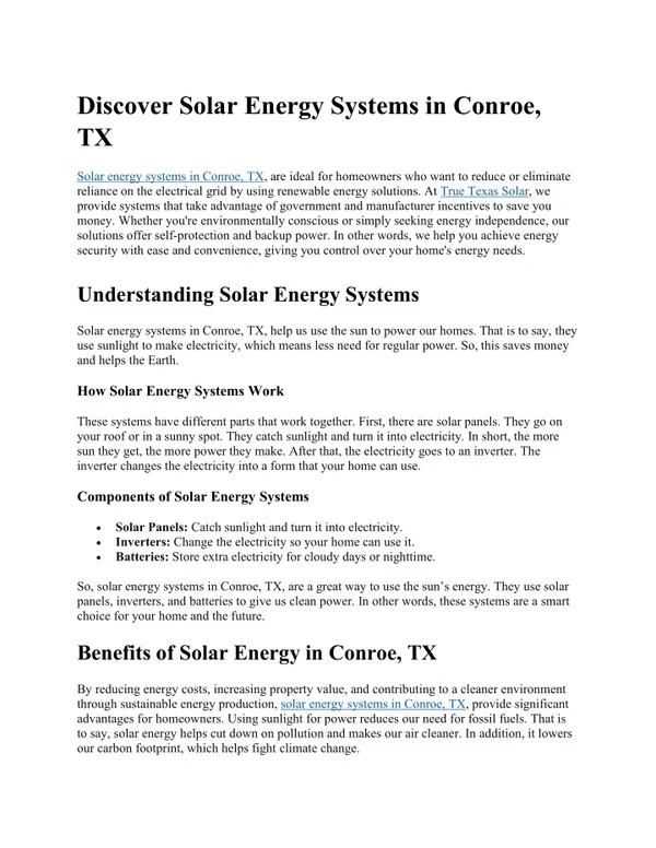 Discover Solar Energy Systems in Conroe, TX
