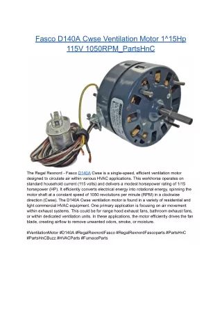 Fasco D140A Cwse Ventilation Motor 1^15Hp 115V 1050RPM_PartsHnC