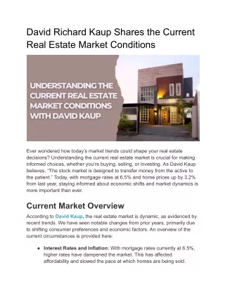 David Richard Kaup Shares the Current Real Estate Market Conditions
