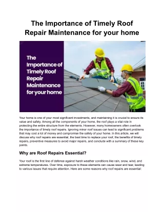 The Importance of Timely Roof Repair Maintenance for your home