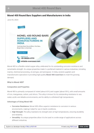 Monel 400 Round Bars Suppliers and Manufacturers in India