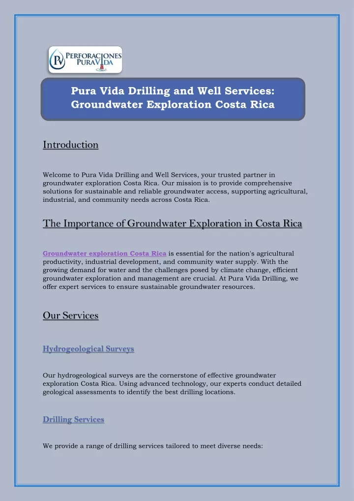 pura vida drilling and well services groundwater