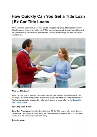 How Quickly Can You Get a Title Loan _ Ez Car Title Loans