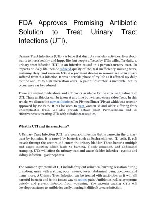 FDA Approves Promising Antibiotic Solution to Treat Urinary Tract Infections (UTI)