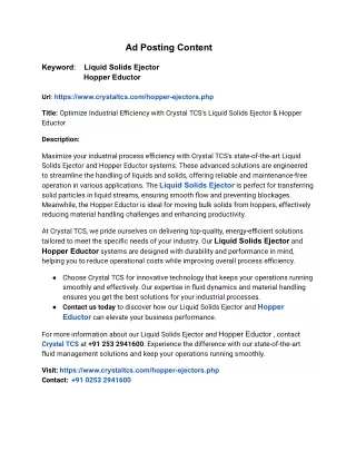 Enhance Your Industrial Efficiency with Crystal TCS's Liquid Solids Ejector & Hopper Eductor Solutions