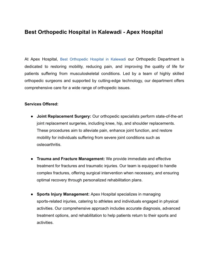 best orthopedic hospital in kalewadi apex hospital