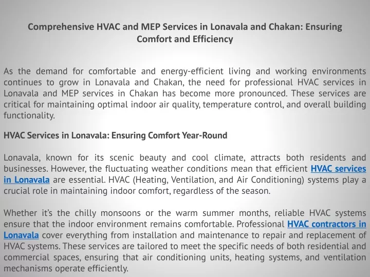 comprehensive hvac and mep services in lonavala