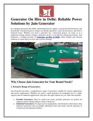 Reliable Generator on Hire Services in Delhi