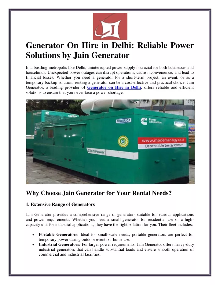 generator on hire in delhi reliable power