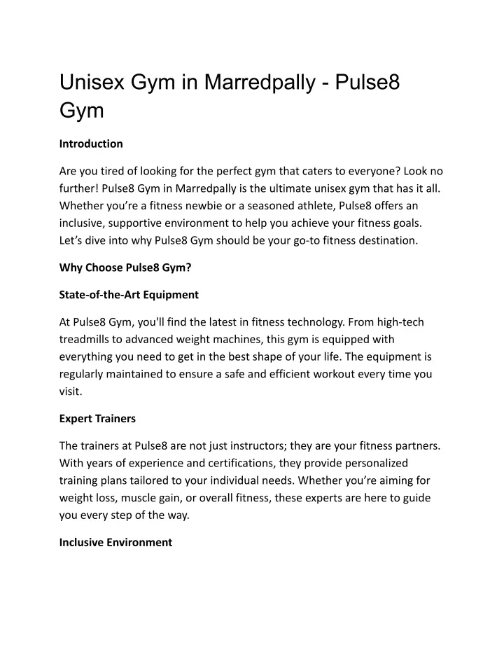 unisex gym in marredpally pulse8 gym