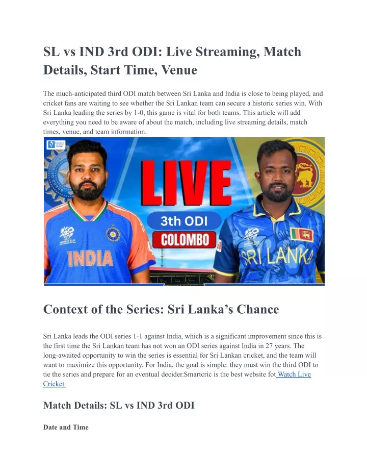 sl vs ind 3rd odi live streaming match details