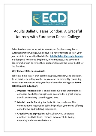 Adults Ballet Classes London: A Graceful  Journey with European Dance College