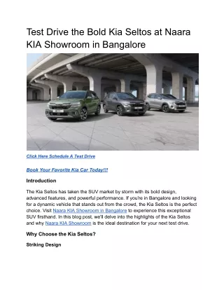 Test Drive the Bold Kia Seltos at Naara KIA Showroom in Bangalore