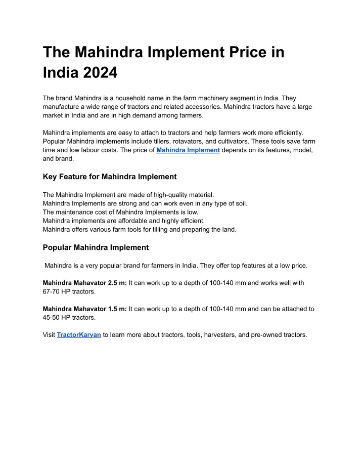 the mahindra implement price in india 2024