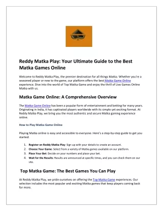 Play Online Matka And Earn Money with Reddy Matka Play