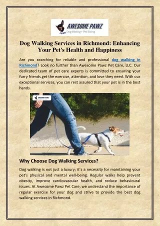 Dog Walking Services in Richmond: Enhancing Your Pet's Health and Happiness