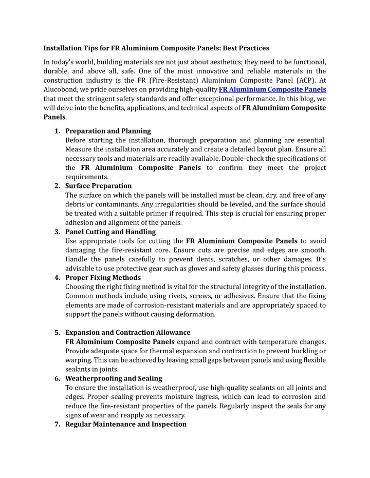 installation tips for fr aluminium composite