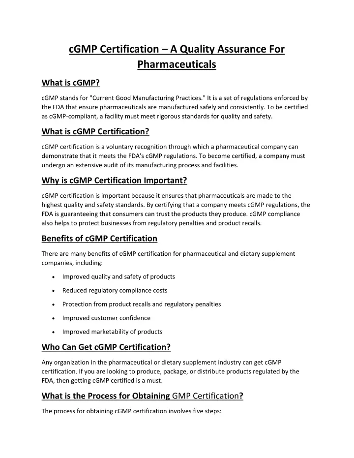 cgmp certification a quality assurance