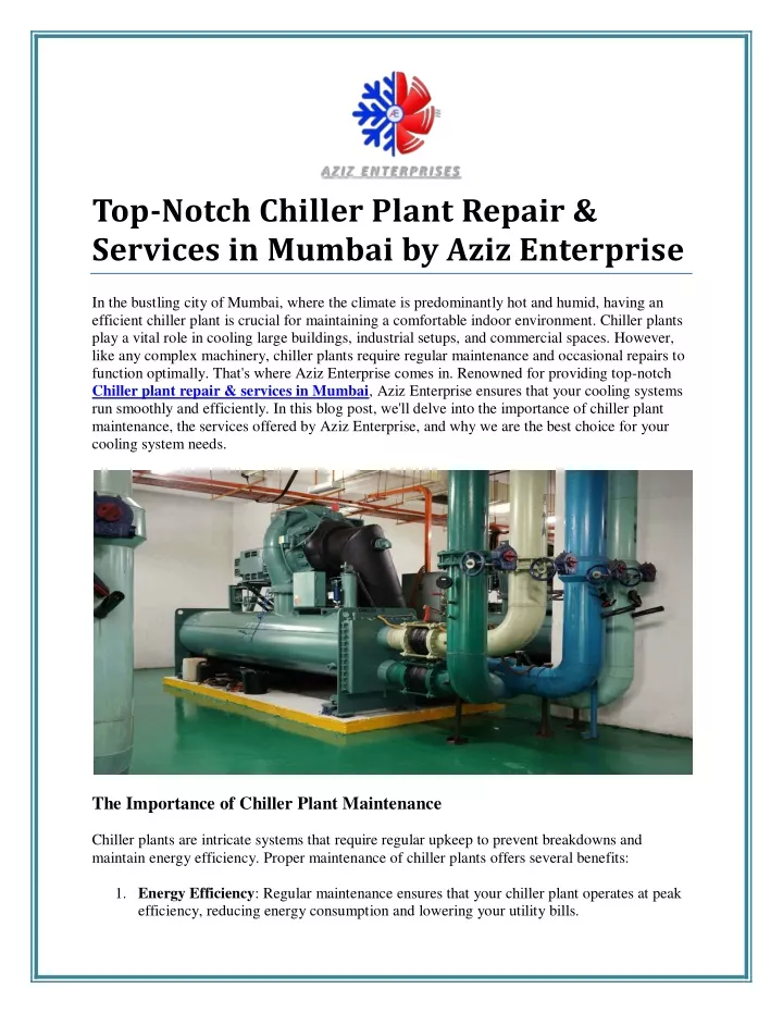 top notch chiller plant repair services in mumbai