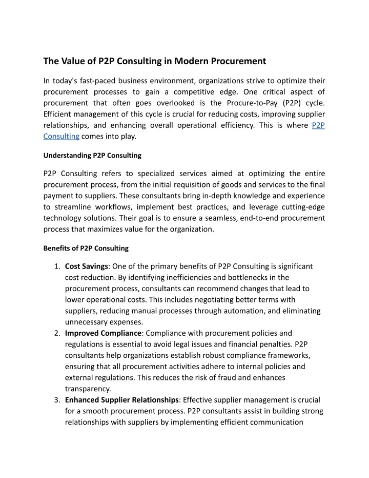 the value of p2p consulting in modern procurement