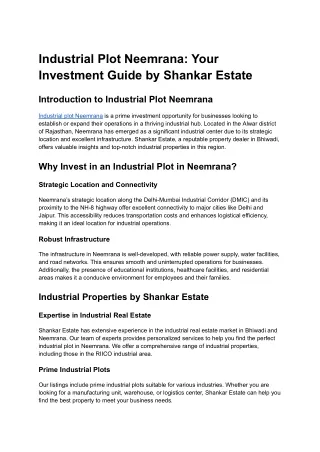 Industrial Plot Neemrana_ Your Investment Guide by Shankar Estate