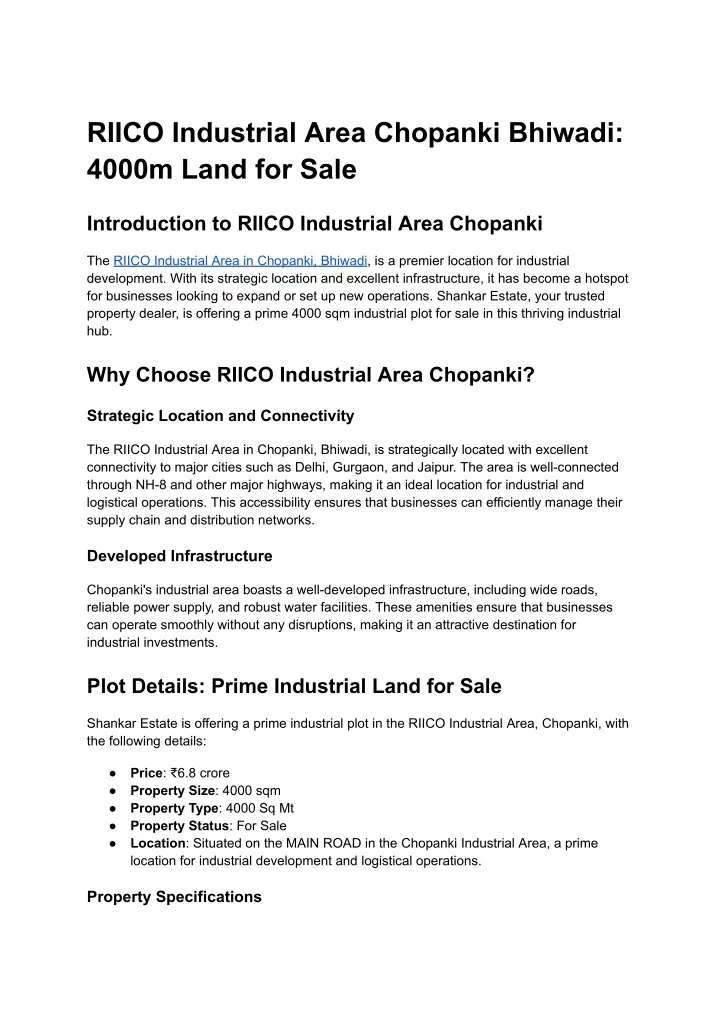 riico industrial area chopanki bhiwadi 4000m land