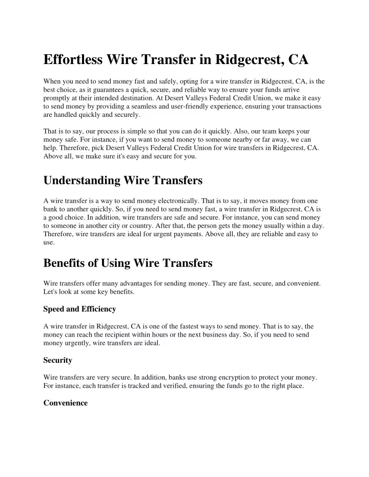 effortless wire transfer in ridgecrest ca when