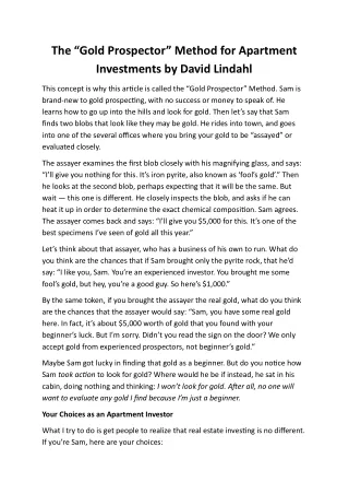 The “Gold Prospector” Method for Apartment Investments By David Lindahl