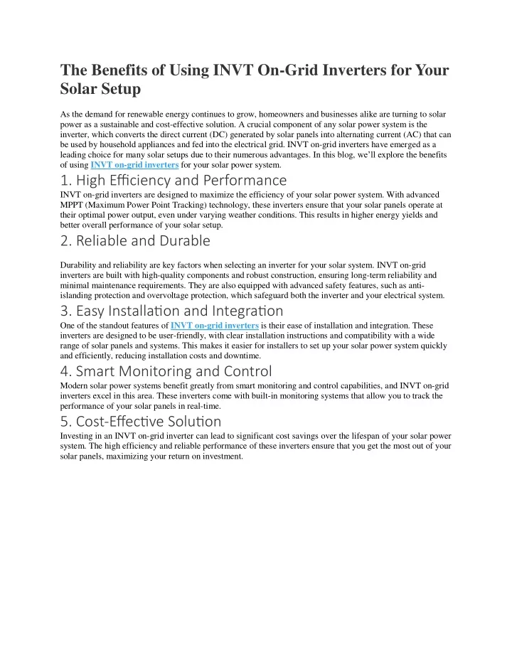 the benefits of using invt on grid inverters