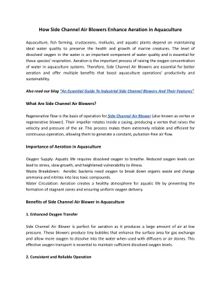 How Side Channel Air Blowers Enhance Aeration in Aquaculture