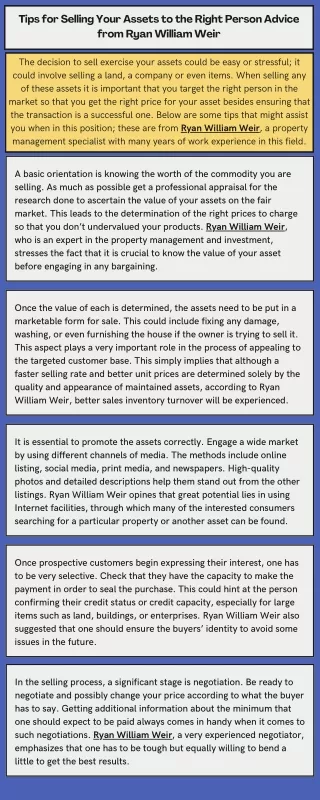 Tips for Selling Your Assets to the Right Person Advice from Ryan William Weir