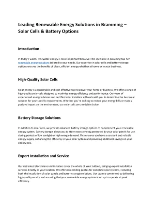 Leading Renewable Energy Solutions in Bramming – Solar Cells & Battery Options