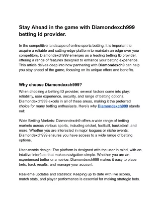 Stay Ahead in the game with Diamondexch999 betting id provider.